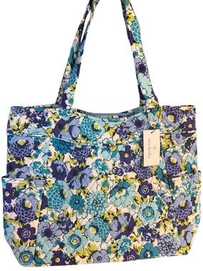 NWT Vera Bradley Pleated Tote Blueberry Blooms Quilted Floral Shoulder Bag